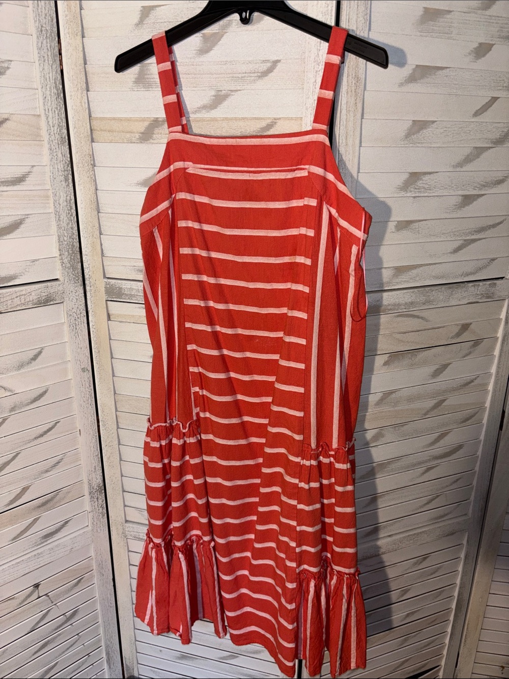 Red and White Striped Midi Sundress with Ruffle Hem